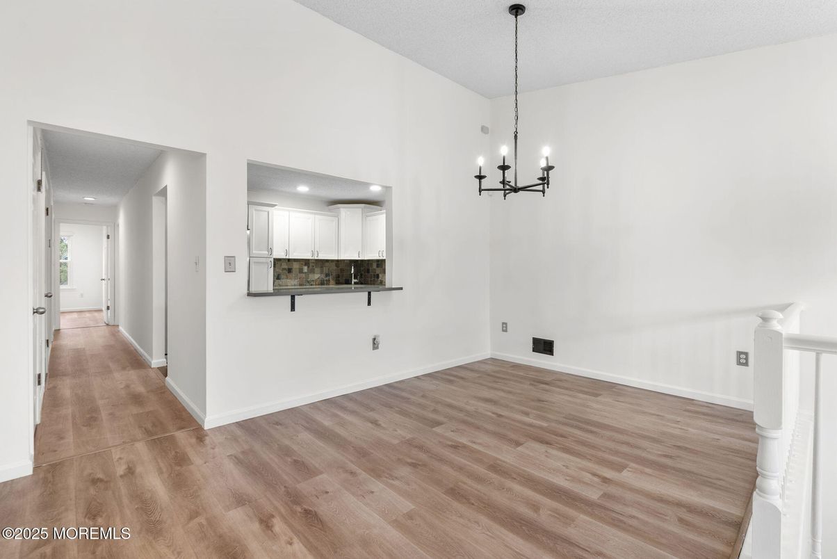 Chandelier, Empty room, Interior, Recessed Lighting, Wood Texture Flooring