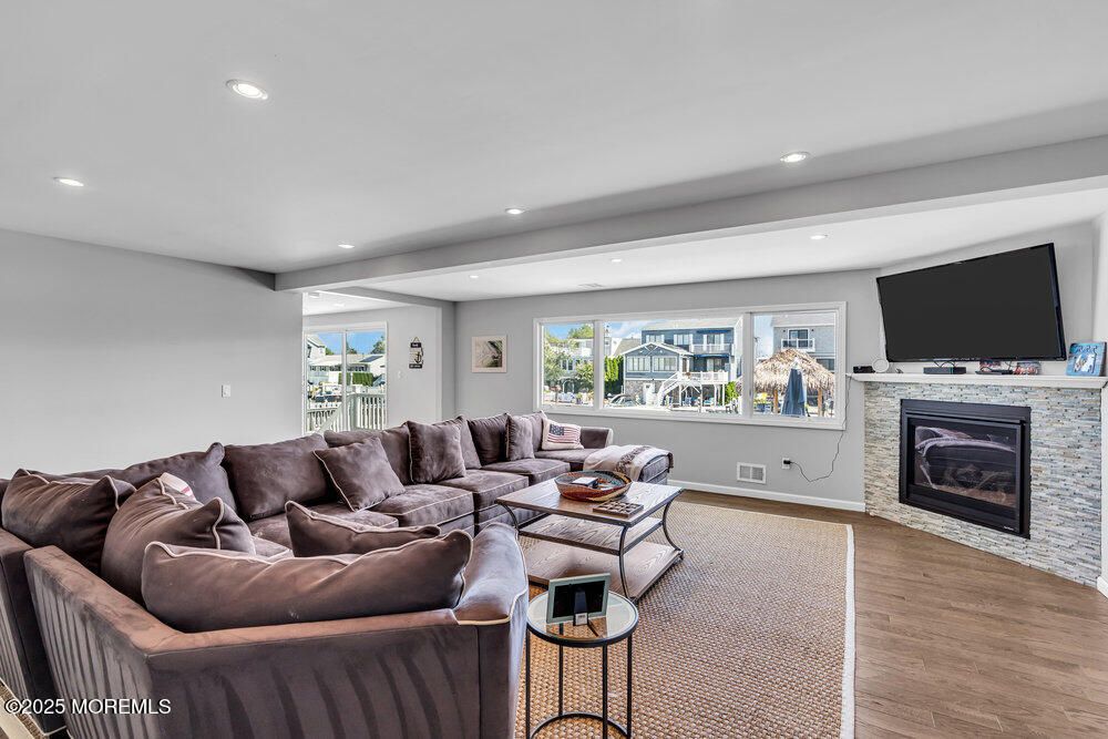 Fireplace, Interior, Living room, Recessed Lighting, Wood Texture Flooring