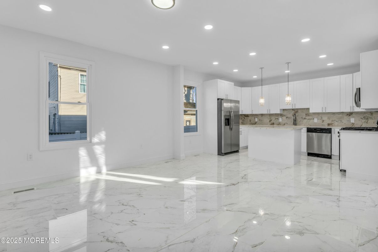 Interior, Kitchen, Marble, Pendant Lights, Recessed Lighting, Stainless Steel Appliances