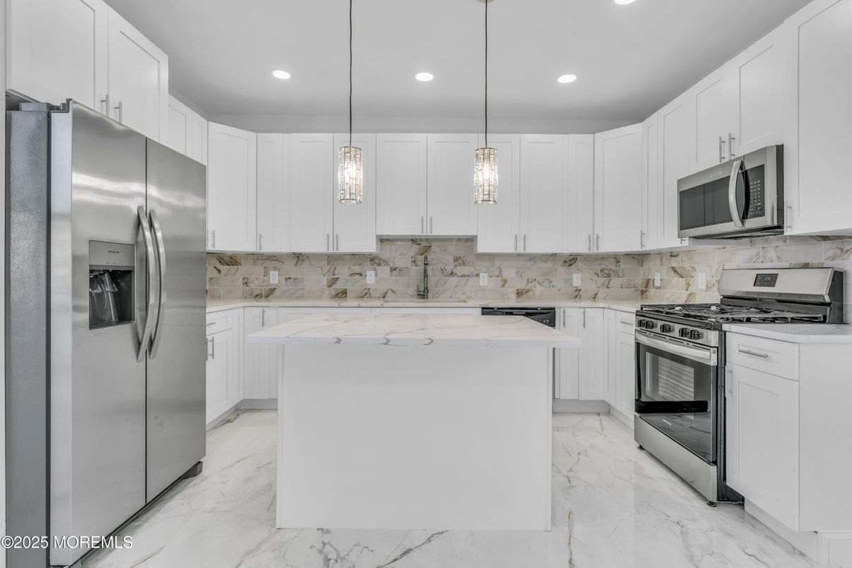 Interior, Kitchen, Marble, Pendant Lights, Recessed Lighting, Stainless Steel Appliances