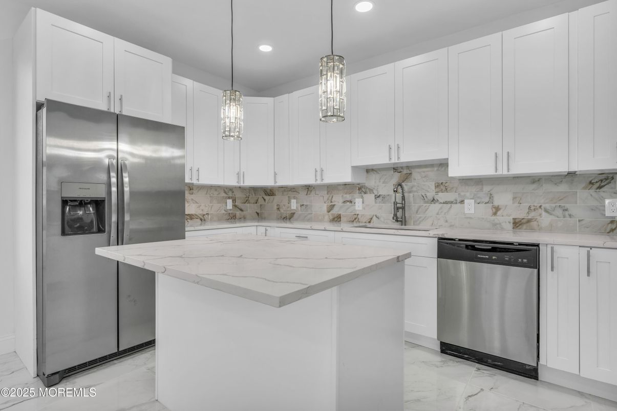 Interior, Kitchen, Marble, Pendant Lights, Recessed Lighting, Stainless Steel Appliances