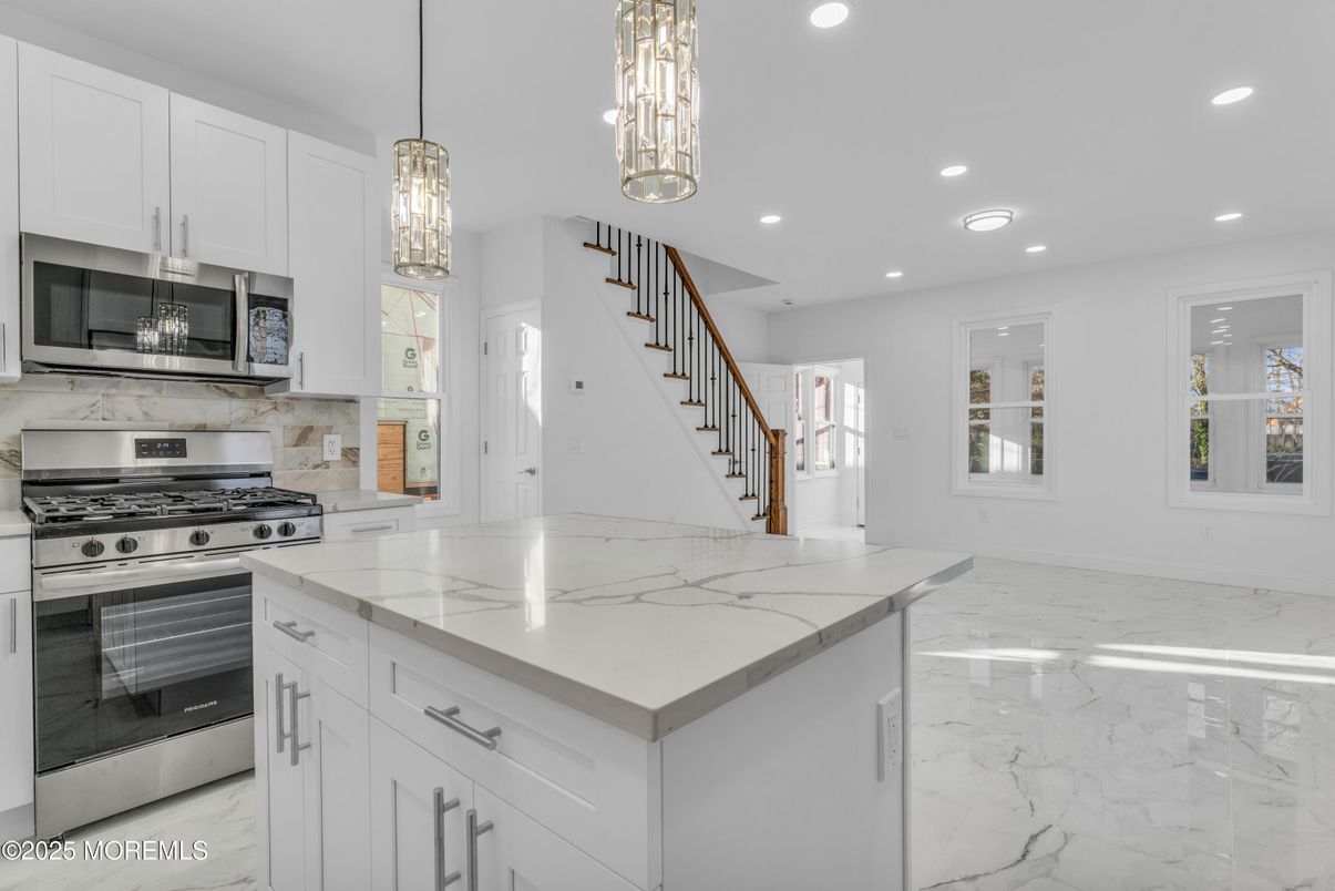 Interior, Kitchen, Marble, Pendant Lights, Recessed Lighting, Stainless Steel Appliances