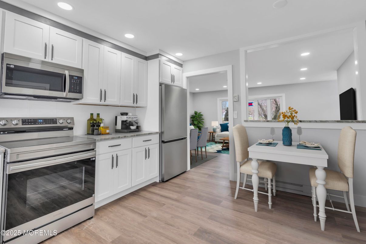 Interior, Kitchen, Recessed Lighting, Stainless Steel Appliances, Wood Texture Flooring