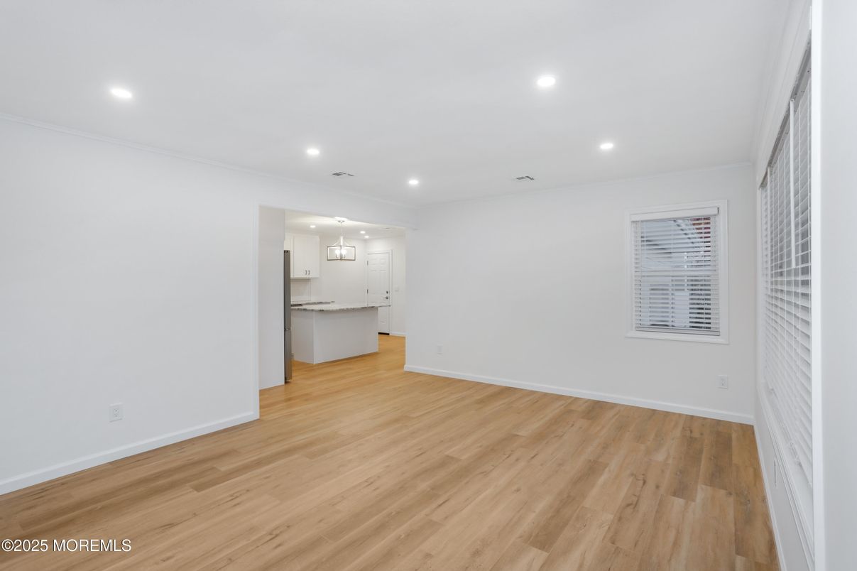 Empty room, Interior, Kitchen, Recessed Lighting, Wood Texture Flooring