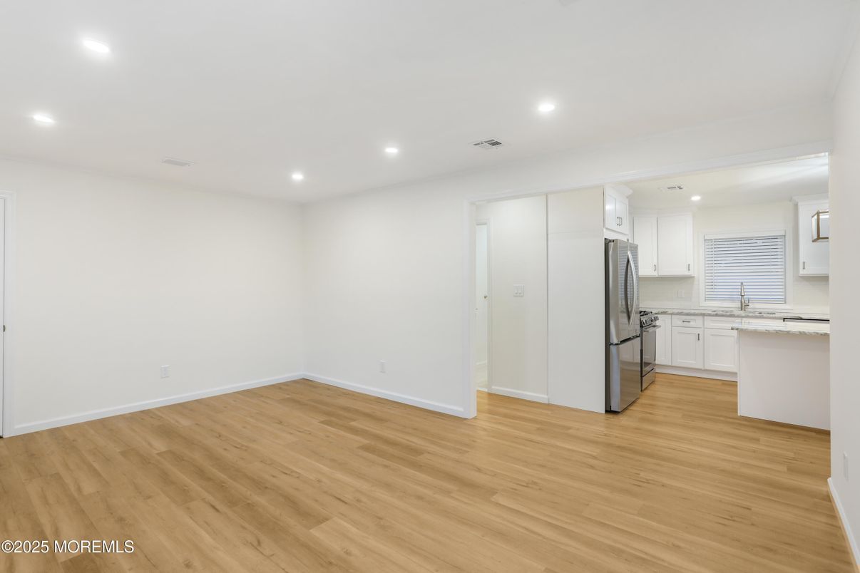 Empty room, Interior, Kitchen, Recessed Lighting, Wood Texture Flooring