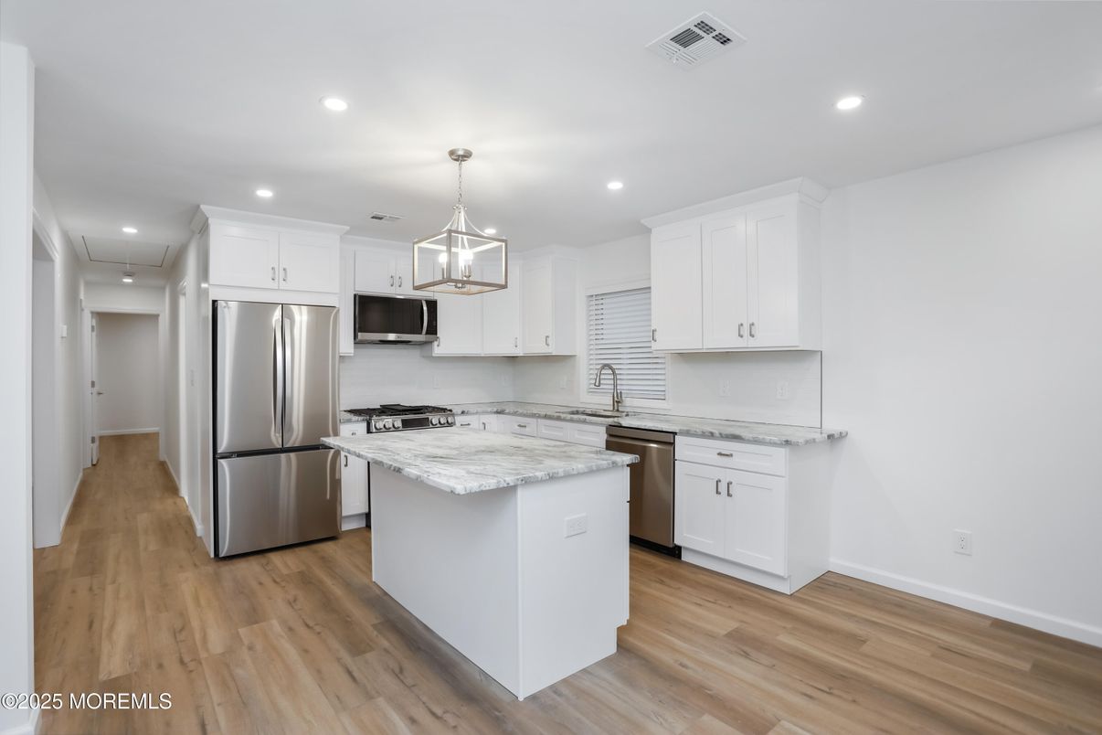 Interior, Kitchen, Pendant Lights, Recessed Lighting, Stainless Steel Appliances, Wood Texture Flooring
