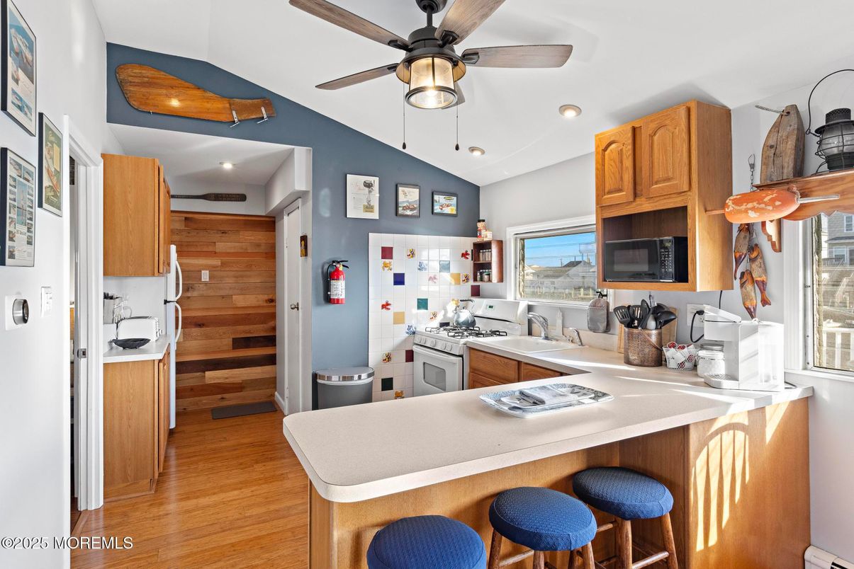 Interior, Kitchen, Recessed Lighting, Wood Texture Flooring, Wooden Walls