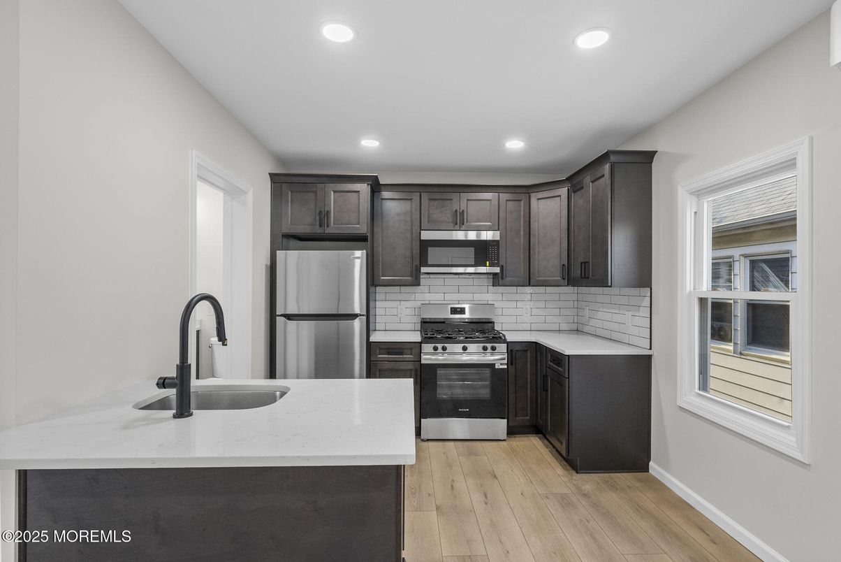 Interior, Kitchen, Recessed Lighting, Stainless Steel Appliances, Wood Texture Flooring