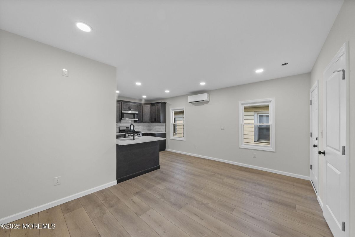 Empty room, Interior, Kitchen, Recessed Lighting, Wood Texture Flooring