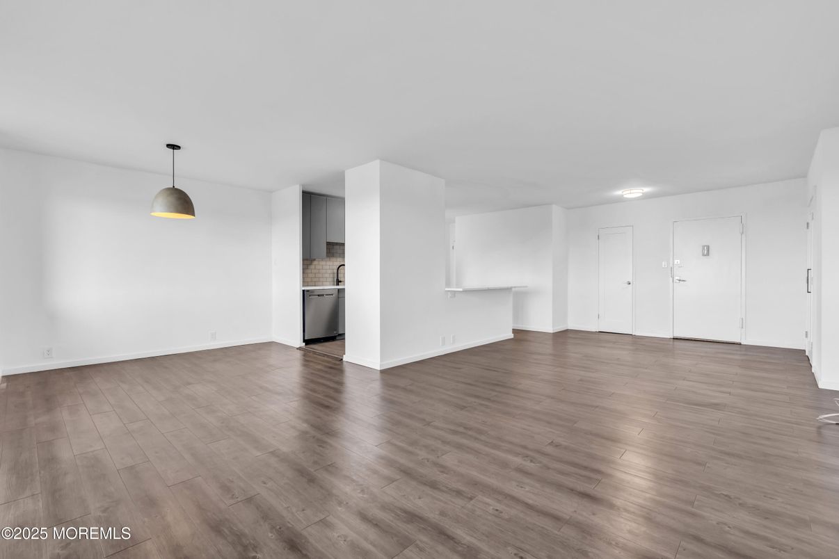 Empty room, Interior, Kitchen, Pendant Lights, Wood Texture Flooring
