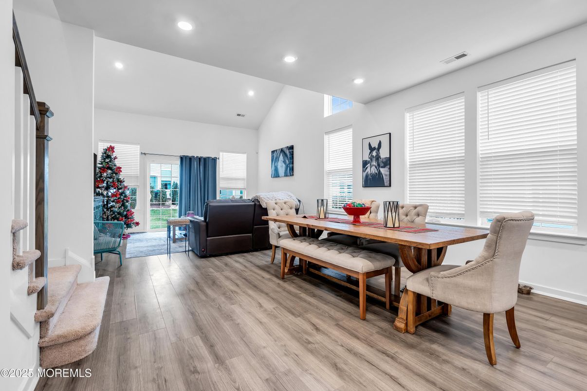 Dining room, Interior, Living room, Recessed Lighting, Wood Texture Flooring