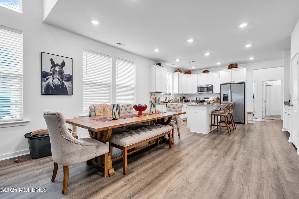 Dining room, Interior, Kitchen, Recessed Lighting, Stainless Steel Appliances, Wood Texture Flooring