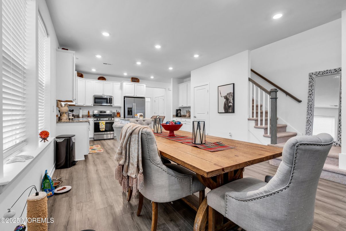 Dining room, Interior, Kitchen, Recessed Lighting, Stainless Steel Appliances, Wood Texture Flooring