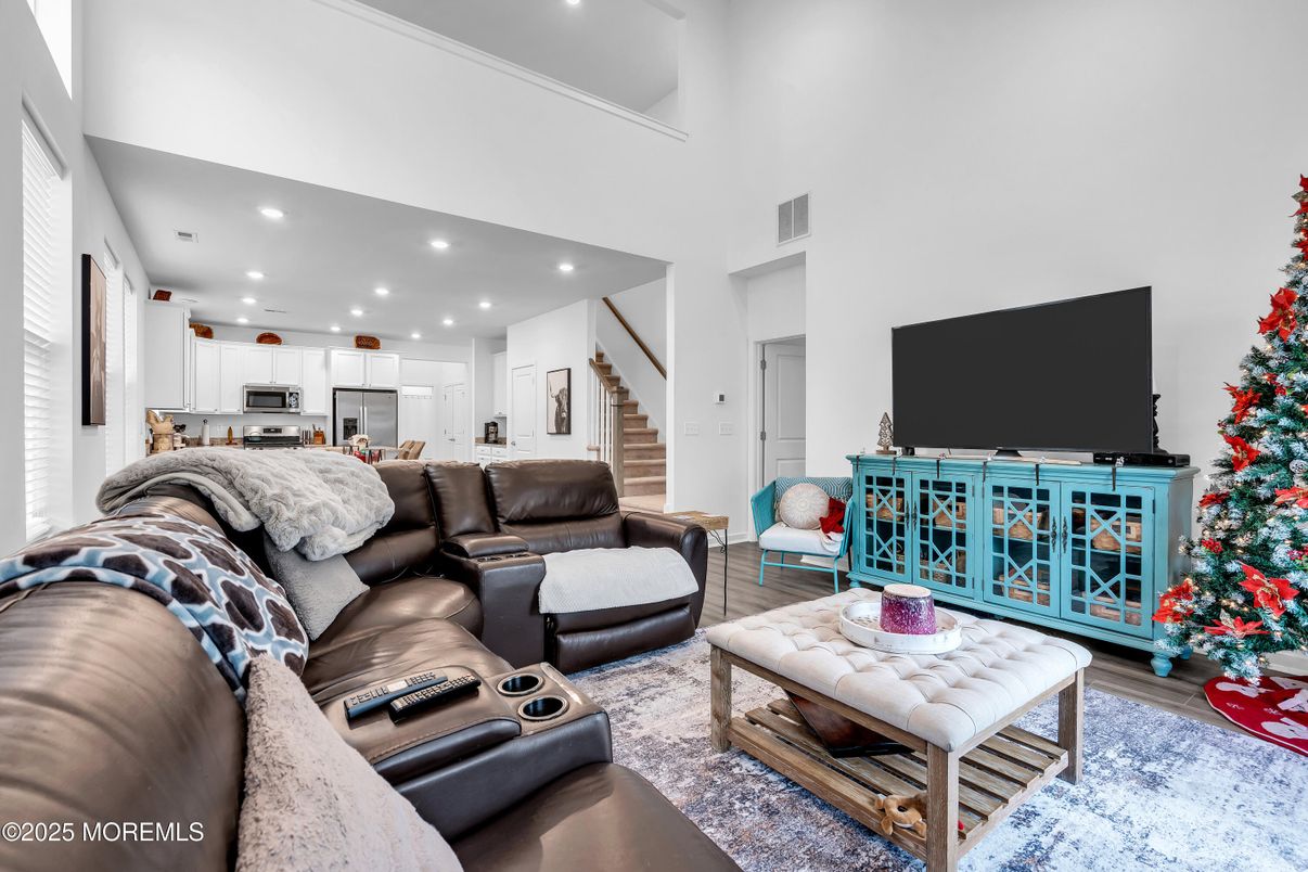 Home Theatre Room, Interior, Kitchen, Living room, Recessed Lighting, Stainless Steel Appliances, Wood Texture Flooring