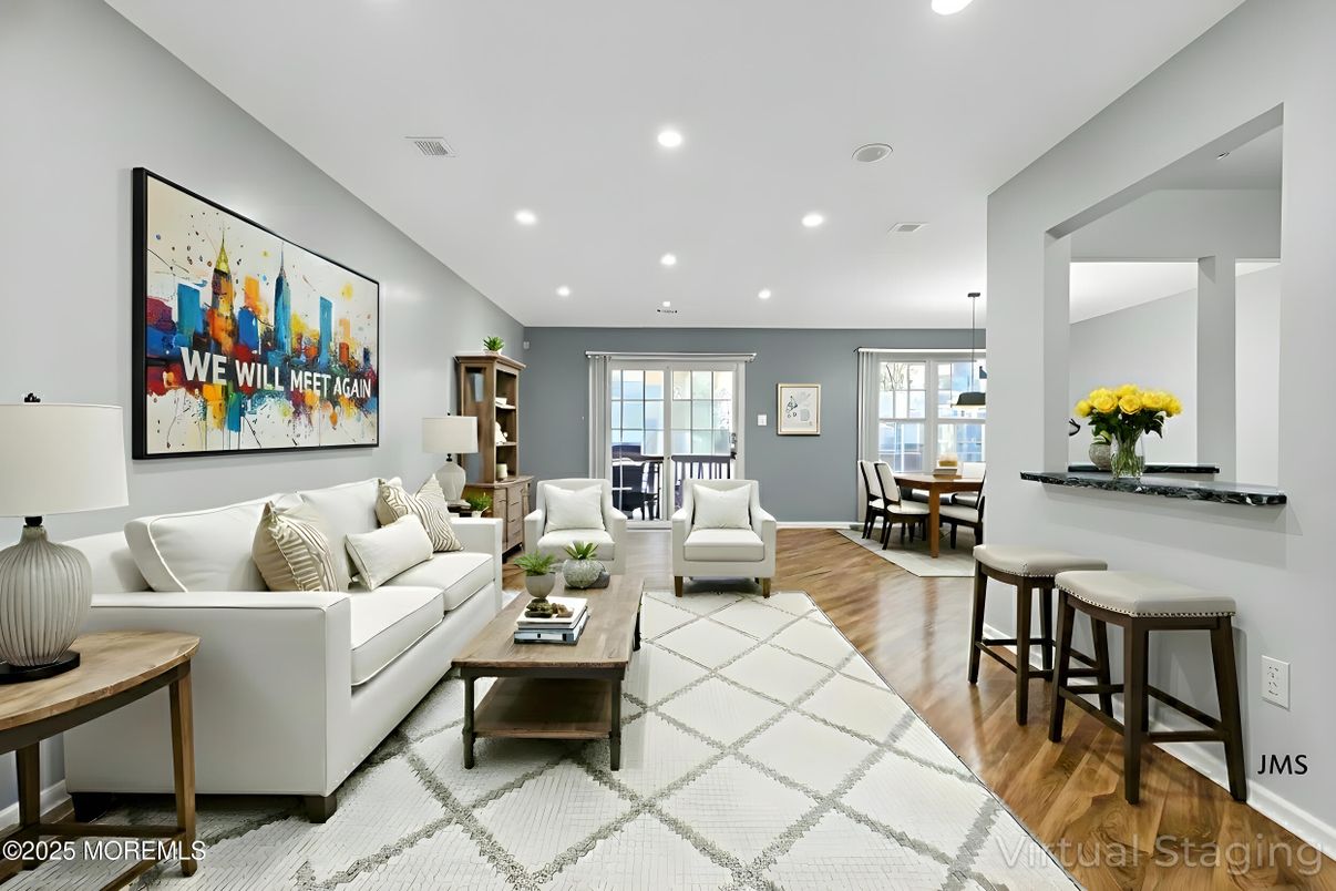 Dining room, Interior, Living room, Recessed Lighting, Wood Texture Flooring