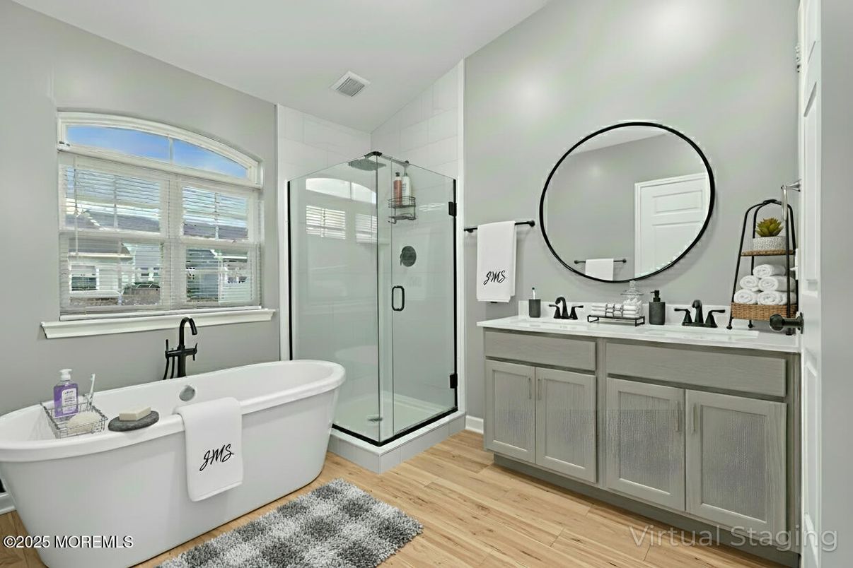Bathroom, Dual Sink Vanities, Free Standing Baths, Glass Shower, Interior, Wood Texture Flooring