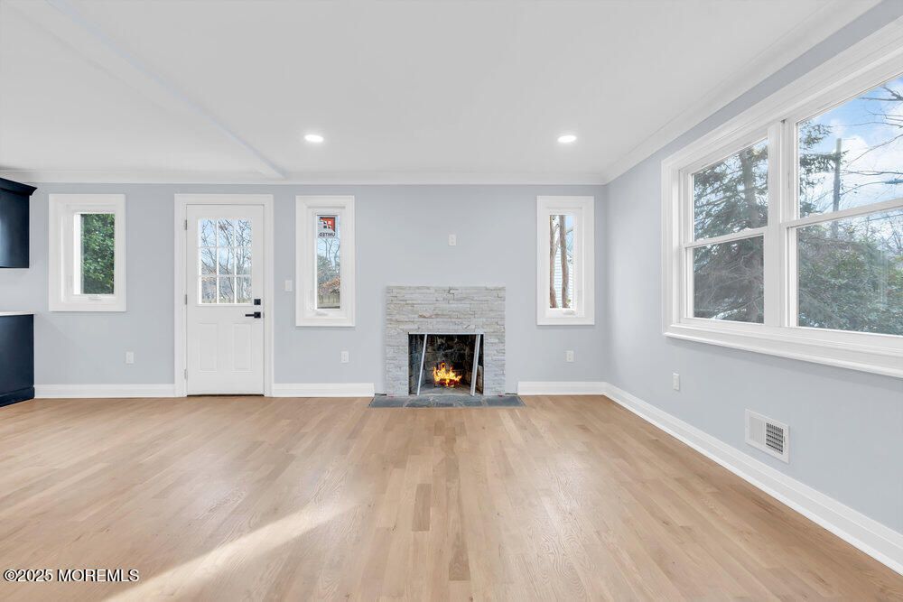 Empty room, Fireplace, Interior, Recessed Lighting, Wood Texture Flooring
