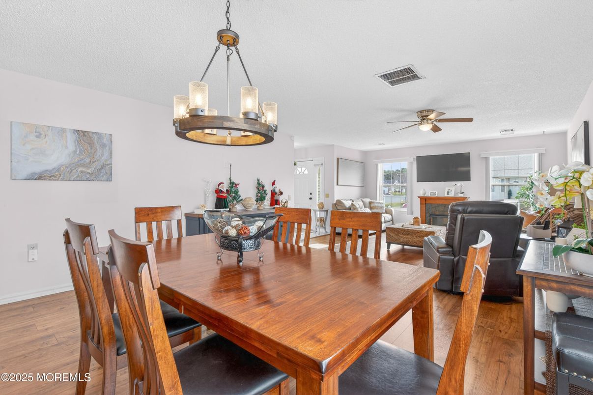 Dining room, Interior, Living room, Pendant Lights, Wood Texture Flooring