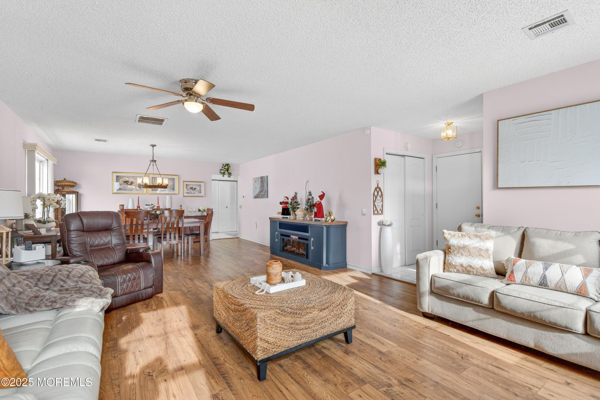 Dining room, Interior, Living room, Pendant Lights, Wood Texture Flooring