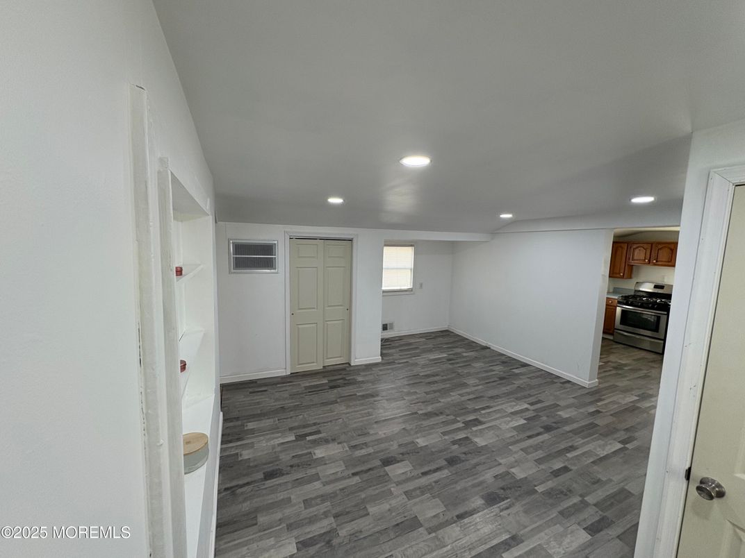 Empty room, Interior, Kitchen, Recessed Lighting, Wood Texture Flooring