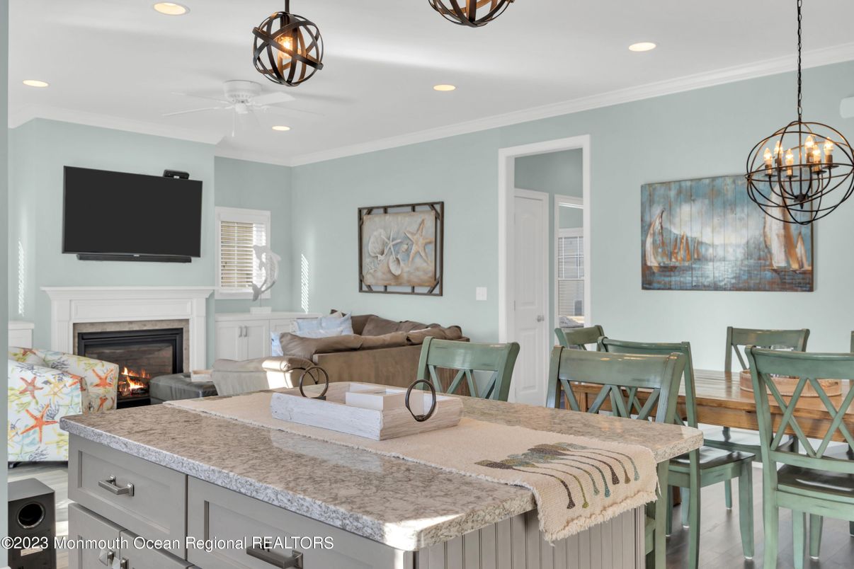 Chandelier, Dining room, Fireplace, Interior, Living room, Pendant Lights, Recessed Lighting