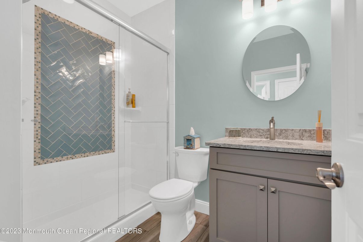 Bathroom, Glass Shower, Interior, Wood Texture Flooring