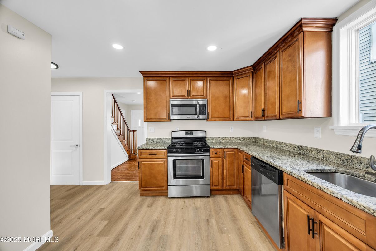 Interior, Kitchen, Recessed Lighting, Stainless Steel Appliances, Wood Texture Flooring