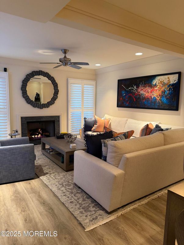 Fireplace, Interior, Living room, Recessed Lighting, Wood Texture Flooring