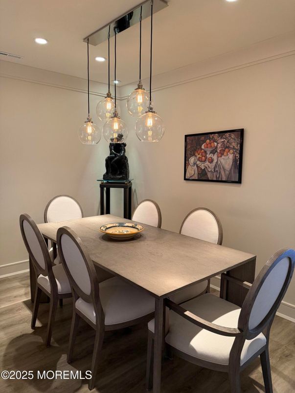 Dining room, Interior, Pendant Lights, Recessed Lighting, Wood Texture Flooring