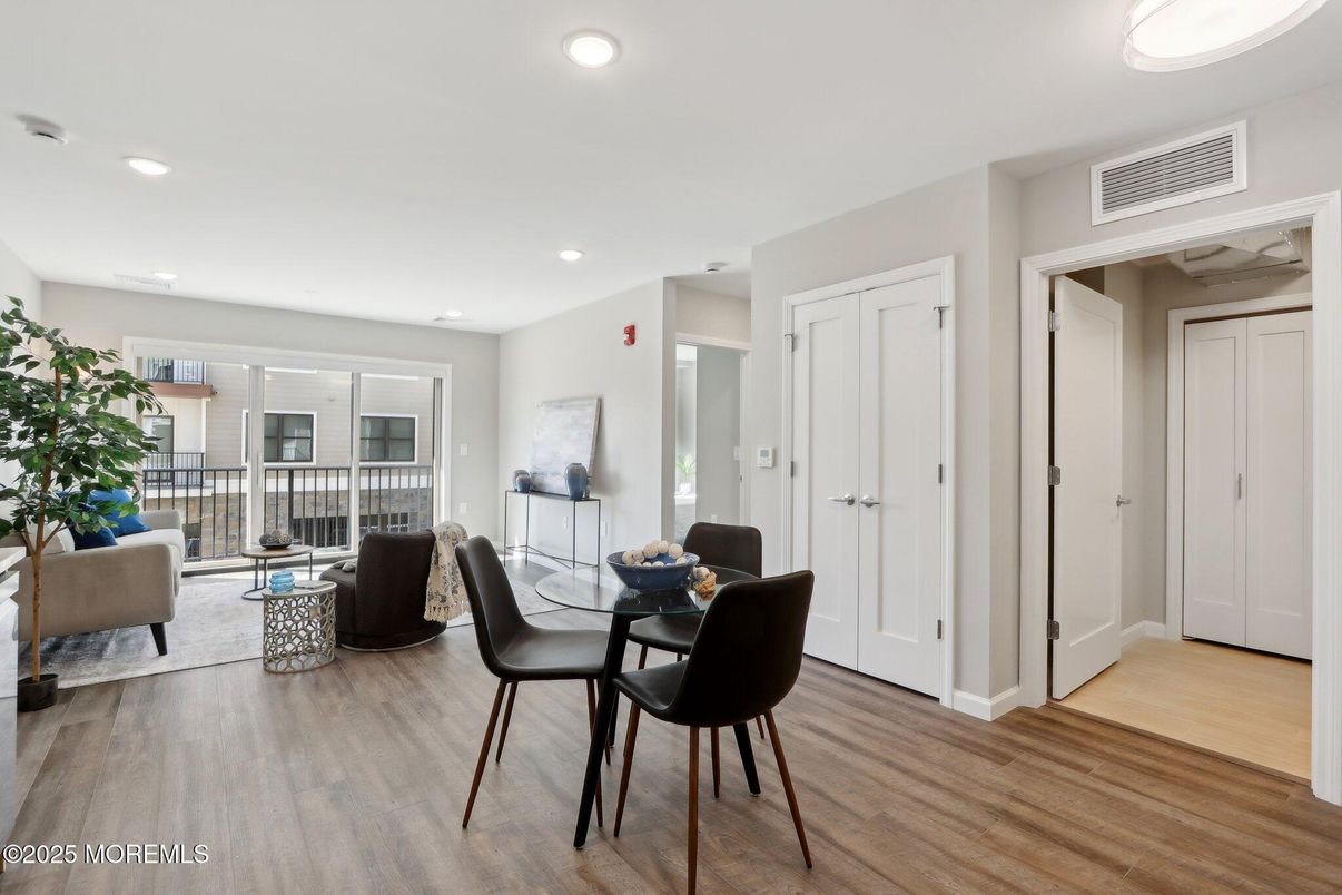 Dining room, Interior, Living room, Recessed Lighting, Wood Texture Flooring