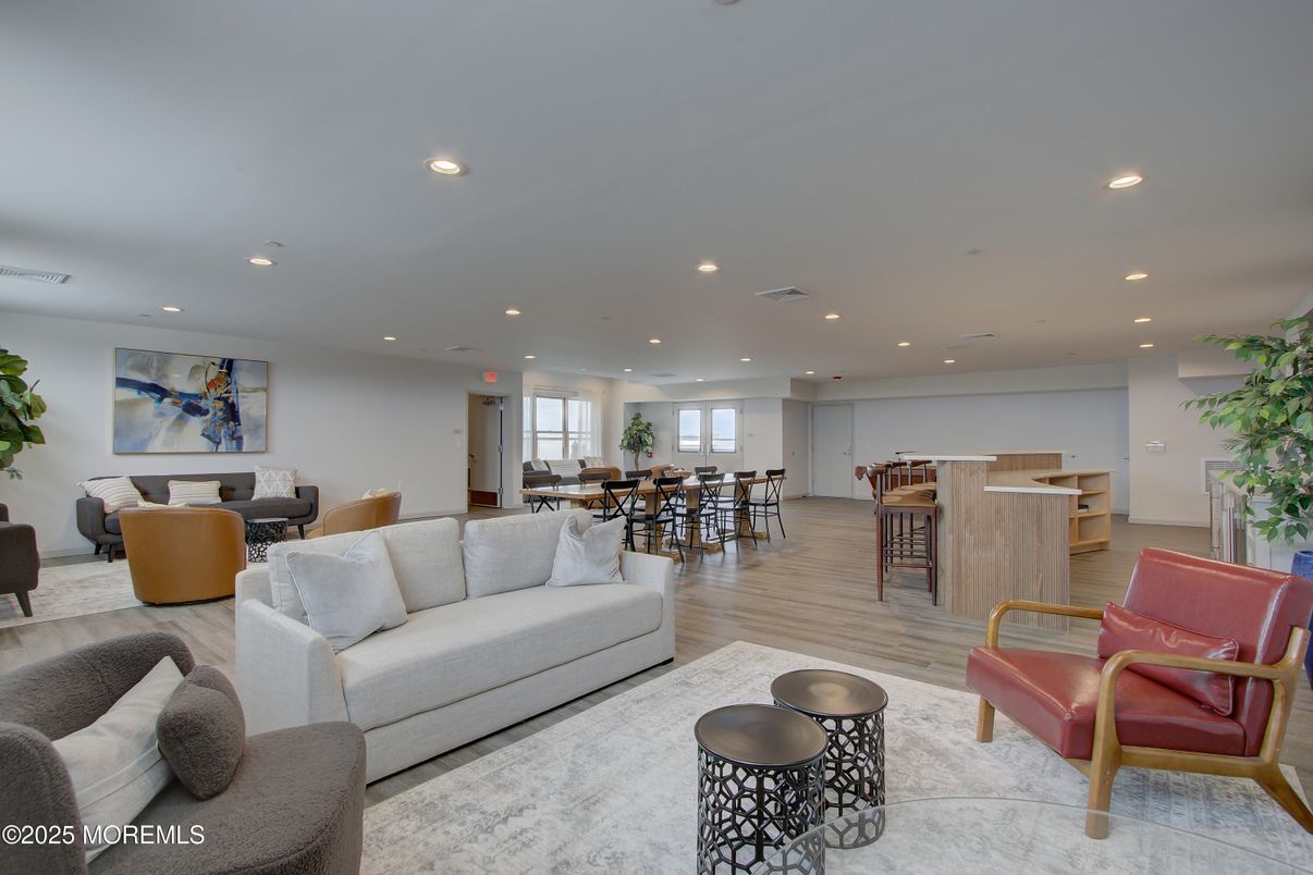 Dining room, Interior, Living room, Recessed Lighting, Wood Texture Flooring