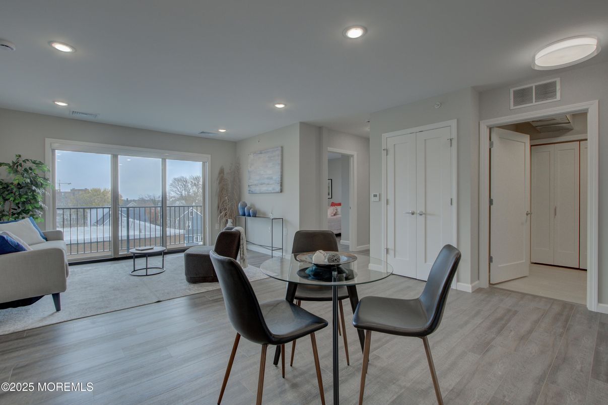 Dining room, Interior, Living room, Recessed Lighting, Wood Texture Flooring