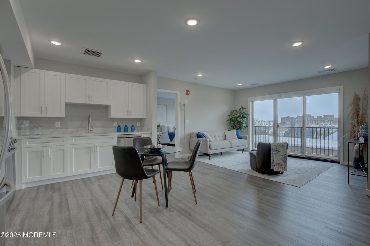 Dining room, Interior, Kitchen, Living room, Recessed Lighting, Wood Texture Flooring