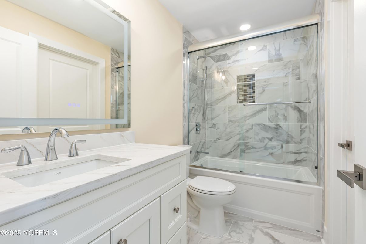 Bathroom, Glass Shower, Interior, Marble, Marble Walls, Recessed Lighting