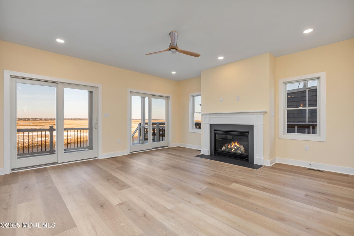 Empty room, Fireplace, Interior, Recessed Lighting, Wood Texture Flooring