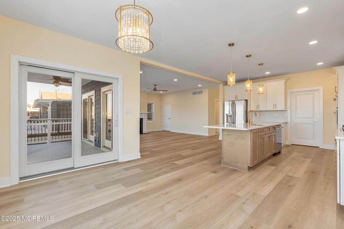 Chandelier, Interior, Kitchen, Pendant Lights, Recessed Lighting, Wood Texture Flooring