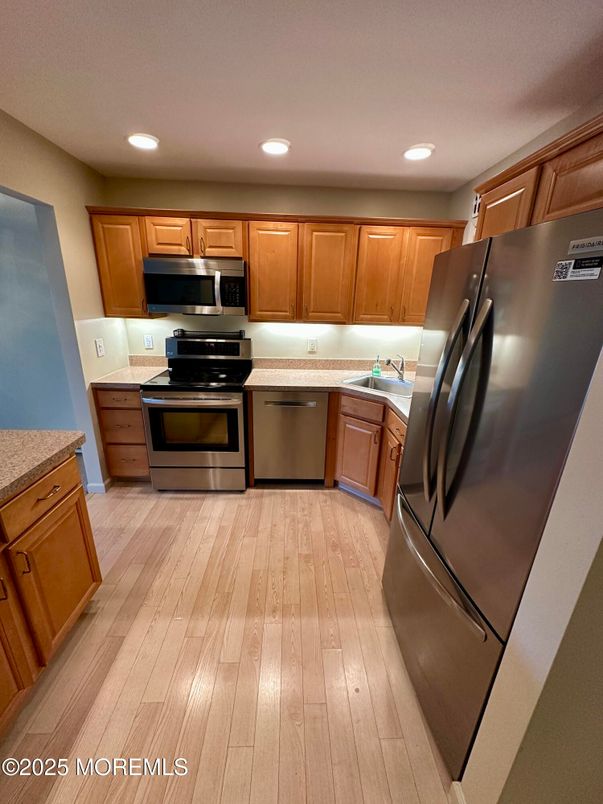 Interior, Kitchen, Recessed Lighting, Stainless Steel Appliances, Wood Texture Flooring