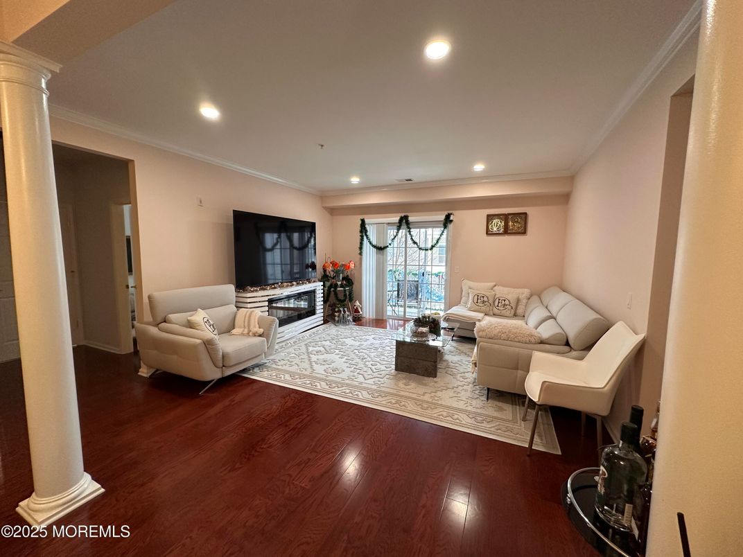 Fireplace, Interior, Living room, Recessed Lighting, Wood Texture Flooring