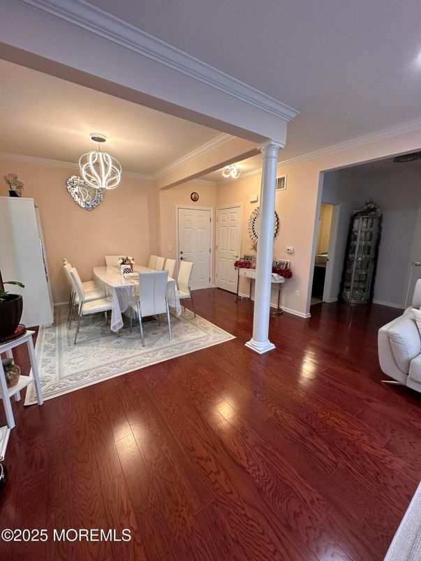Chandelier, Dining room, Interior, Pendant Lights, Wood Texture Flooring