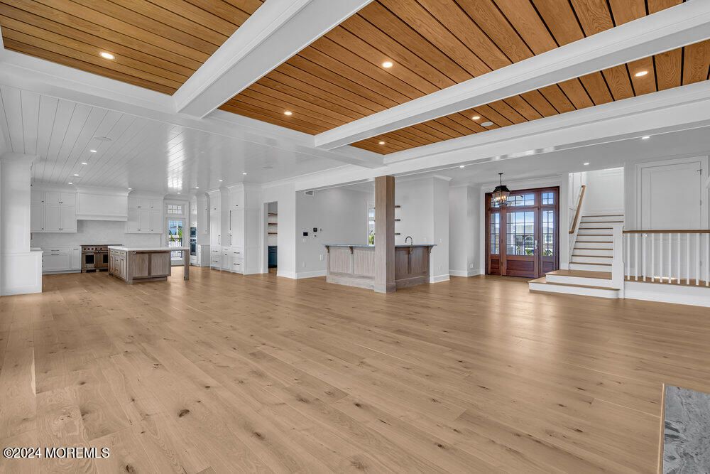 Empty room, Interior, Kitchen, Pendant Lights, Recessed Lighting, Wooden Ceilings, Wood Texture Flooring