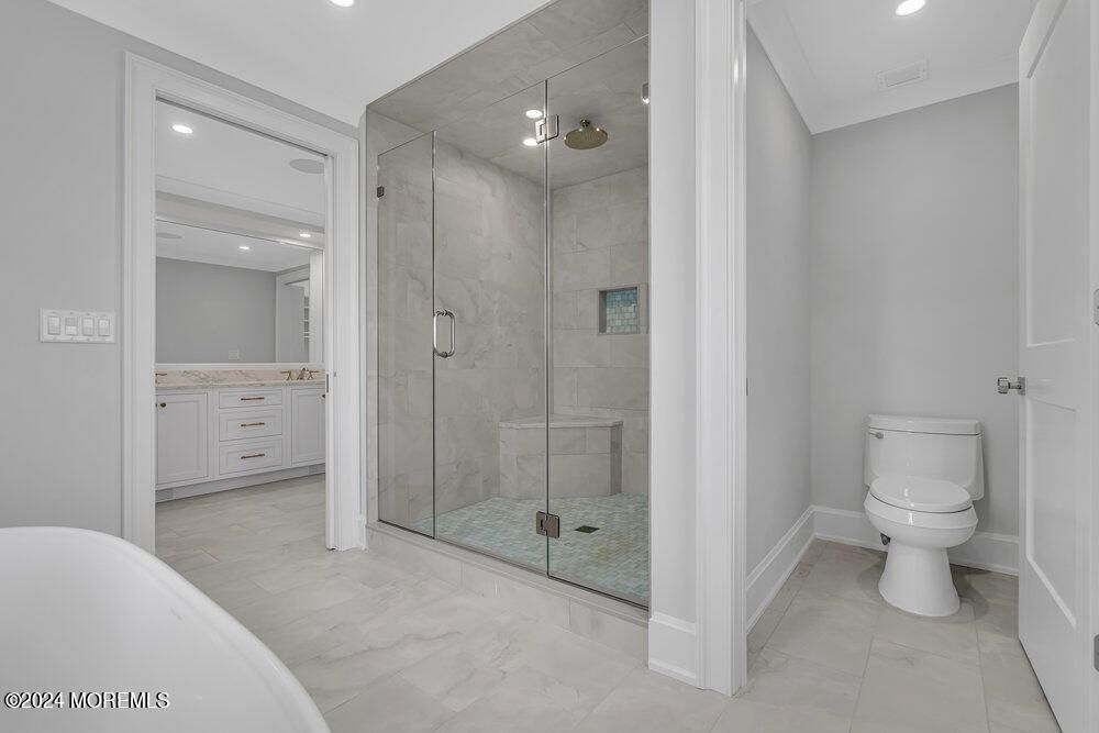 Bathroom, Glass Shower, Interior, Marble Walls, Recessed Lighting