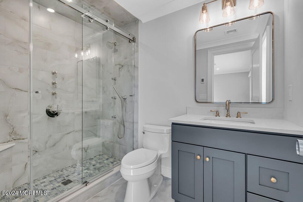 Bathroom, Glass Shower, Interior, Marble, Marble Walls, Recessed Lighting