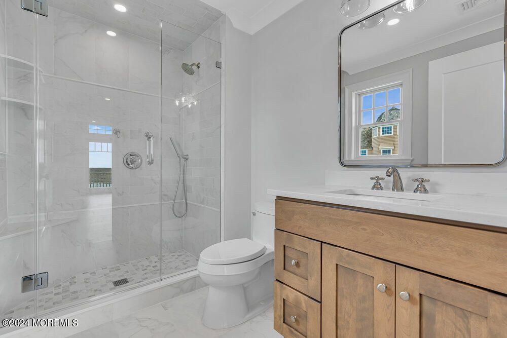 Bathroom, Glass Shower, Interior, Marble, Marble Walls, Recessed Lighting