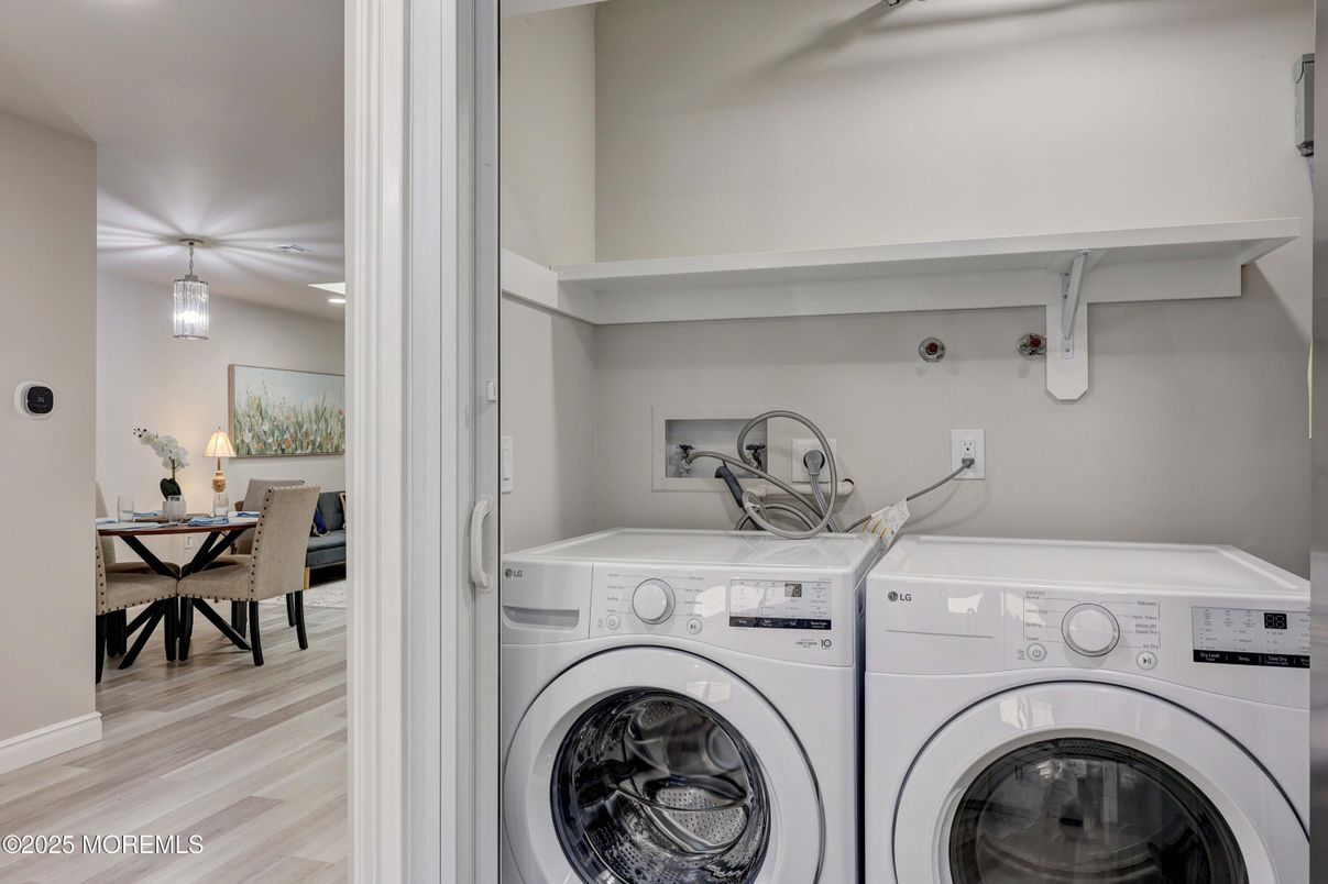 Dining room, Interior, Recessed Lighting, Utility Closets, Washer, Wood Texture Flooring