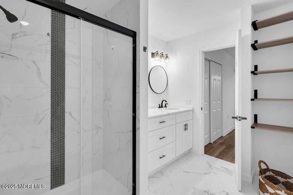 Bathroom, Glass Shower, Interior, Marble, Marble Walls, Wood Texture Flooring