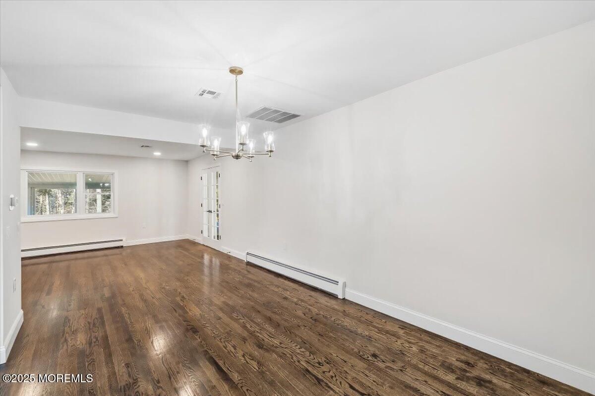 Chandelier, Empty room, Interior, Recessed Lighting, Wood Texture Flooring