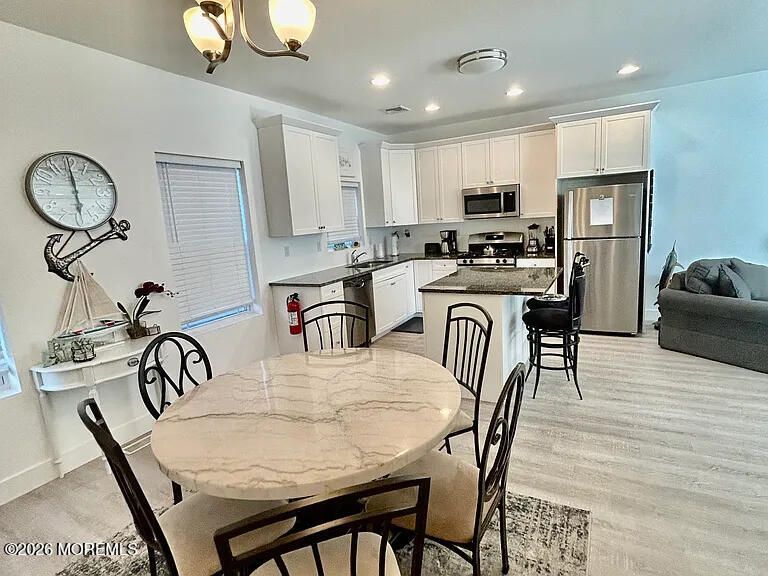 Dining room, Interior, Kitchen, Recessed Lighting, Wood Texture Flooring
