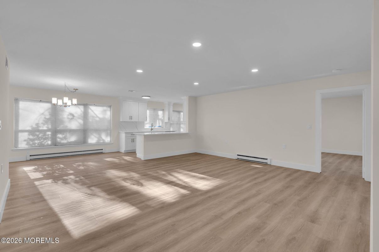 Chandelier, Empty room, Interior, Kitchen, Recessed Lighting, Wood Texture Flooring