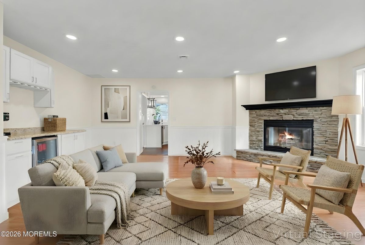 Fireplace, Interior, Living room, Recessed Lighting, Wood Texture Flooring