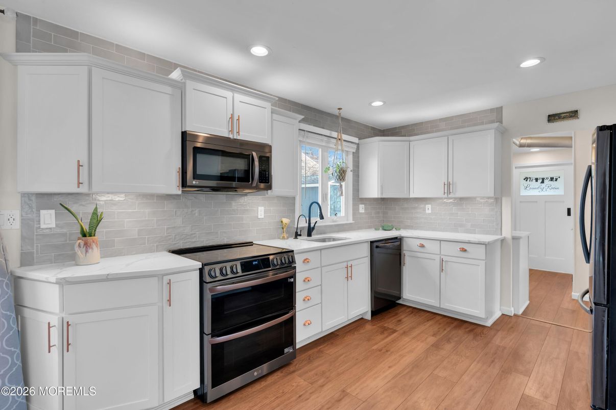 Interior, Kitchen, Pendant Lights, Recessed Lighting, Stainless Steel Appliances, Wood Texture Flooring